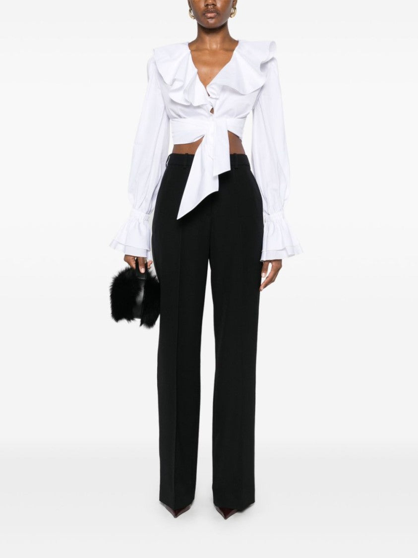 Balmain White Cropped Ruffled V-Neck Top
