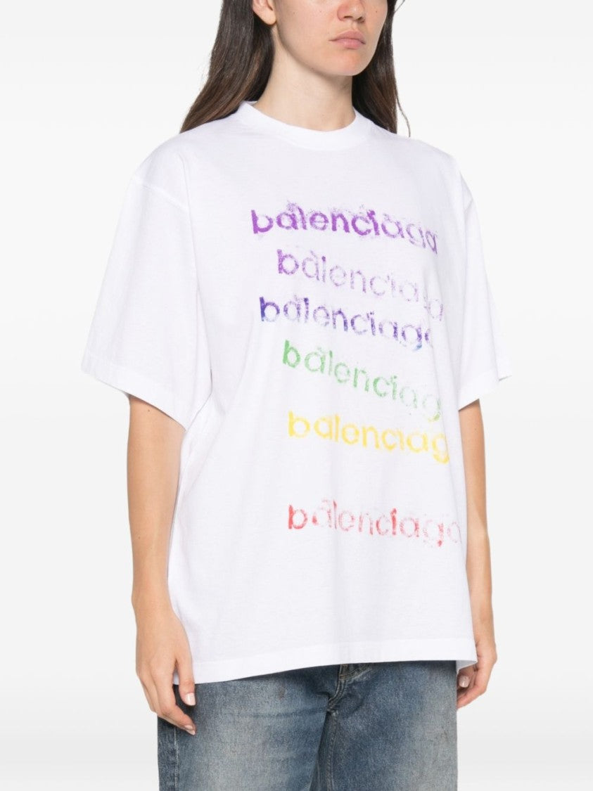 Balenciaga White Oversized T-Shirt With Multicolored Distressed Print