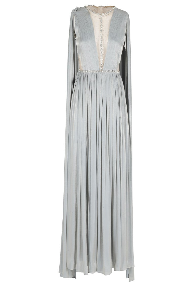 Nissa Verde Crystal-Embellished Pleated Evening Dress