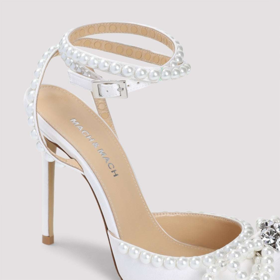 Mach & Mach White Double Bow Pearl Silk Pumps