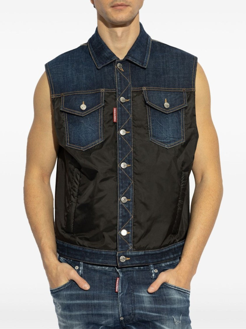 Dsquared2 Sleeveless Denim Jacket With Contrasting Fabric And Chest Pockets