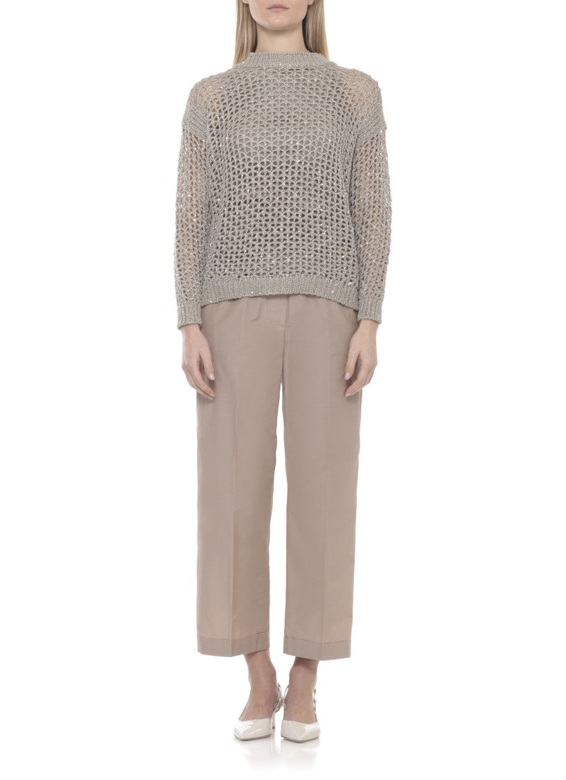 Panicale Beige Perforated Sequin Cotton Sweater
