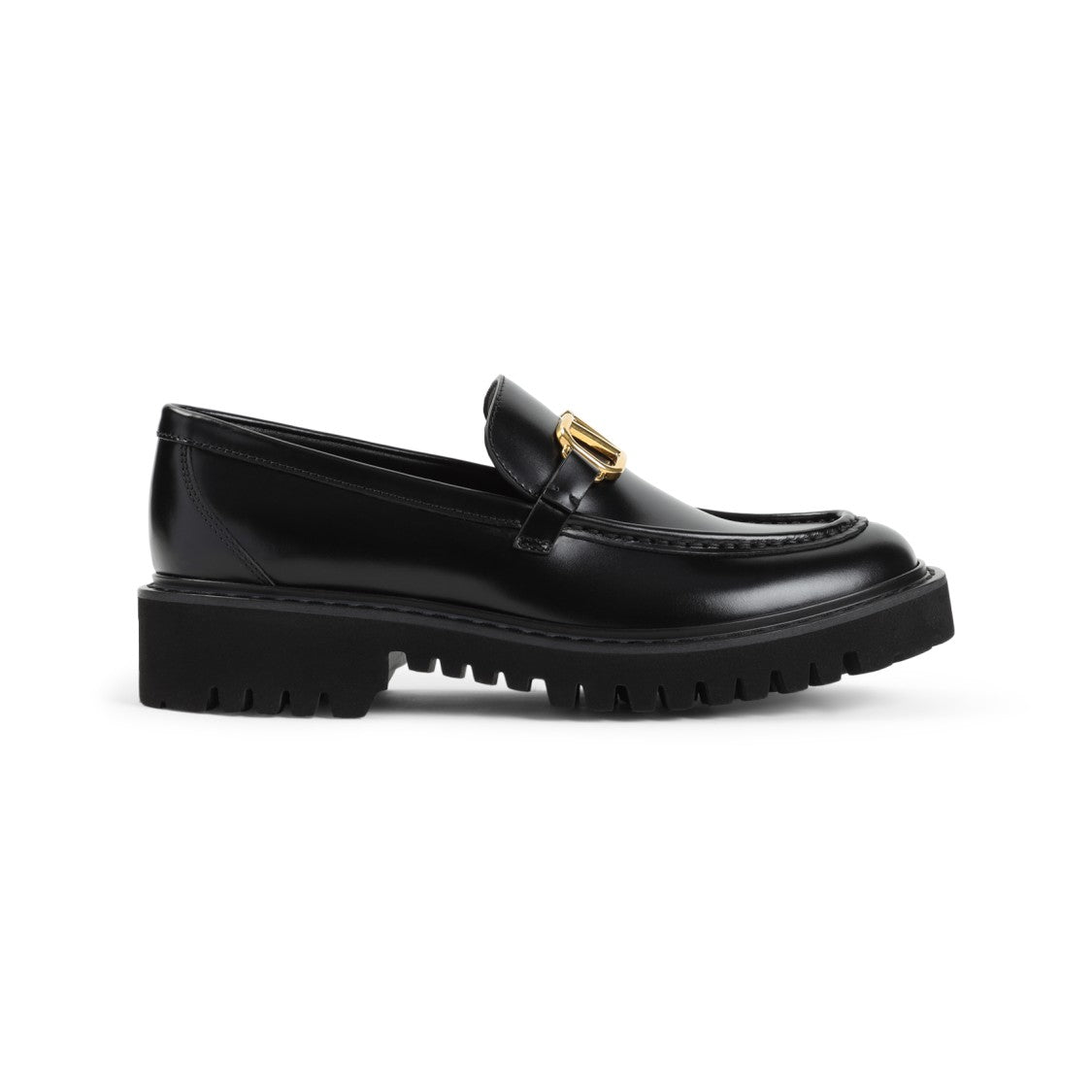 Valentino Black Leather Loafers With Decorative Gold Buckle