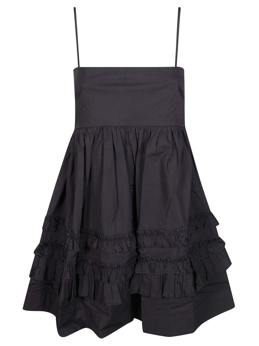 Ganni Black Layered Ruffle Spaghetti Strap Mini Dress