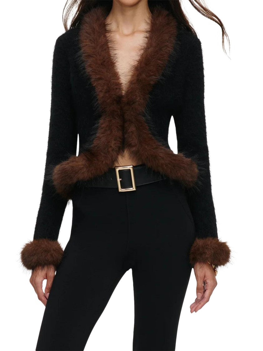 Self-Portrait Black Faux Fur Trim Knit Cardigan