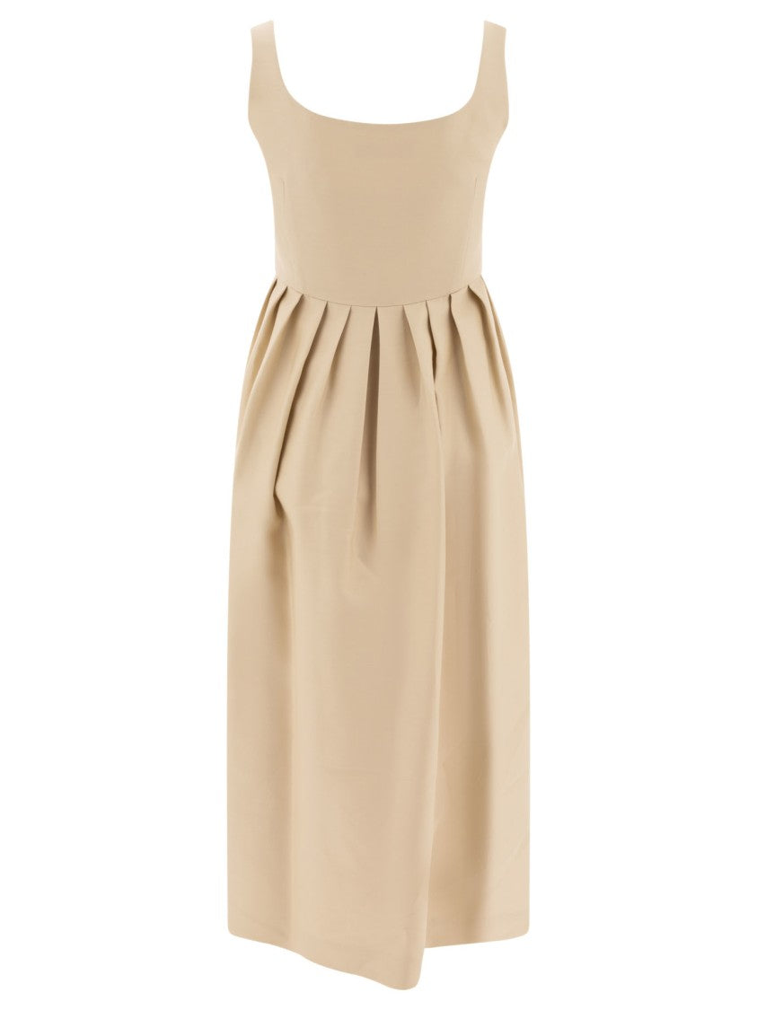 Sandbeige Fitted Dress With Square Neckline