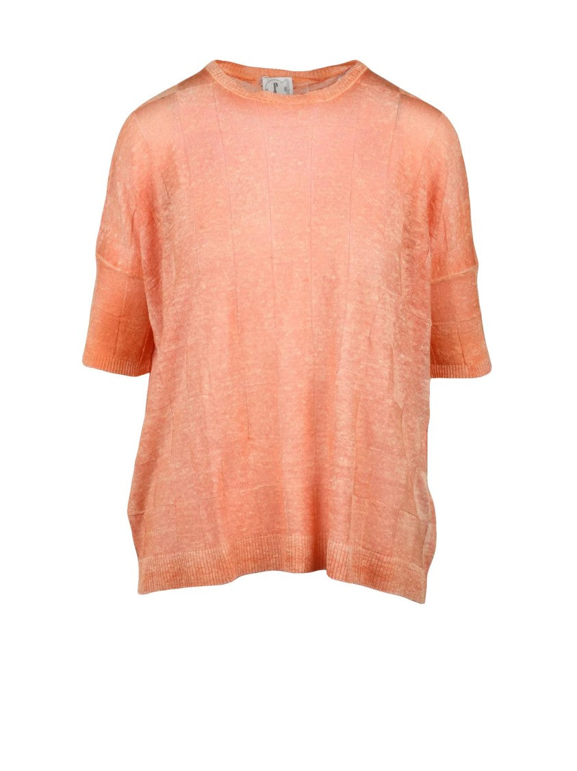 F Cashmere Orange Textured Ribbed Linen-Blend Knit Top