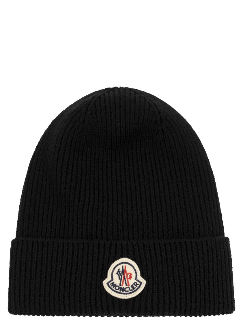 Moncler Ribbed Wool Beanie With Iconic Logo Patch