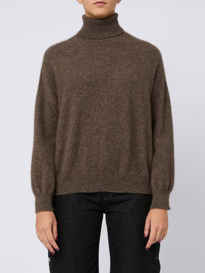 Vanisé High Turtleneck Brown Sweater With Puff Sleeves And Ribbed Hem