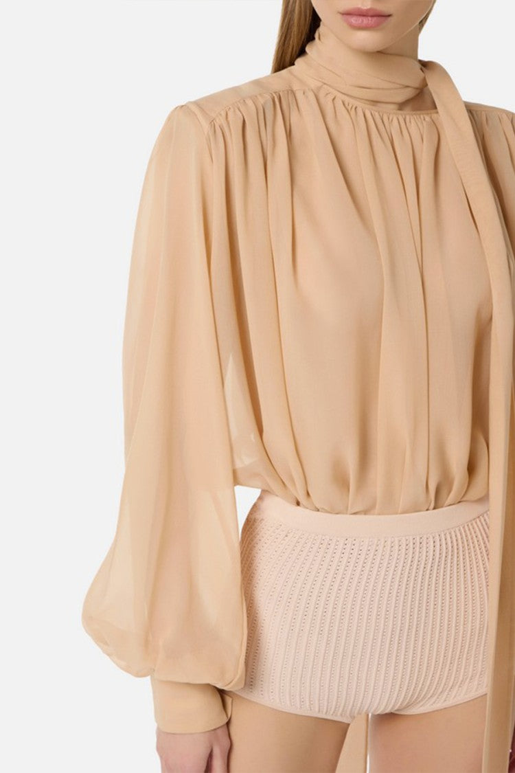Elisabetta Franchi Beige Tie-Neck Bishop Sleeve Silk Bodysuit