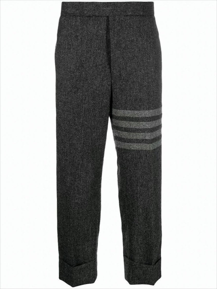 Thom Browne Tailored Dark Grey Wool Suit Pants With Cuffed Hem And Signature Stripes