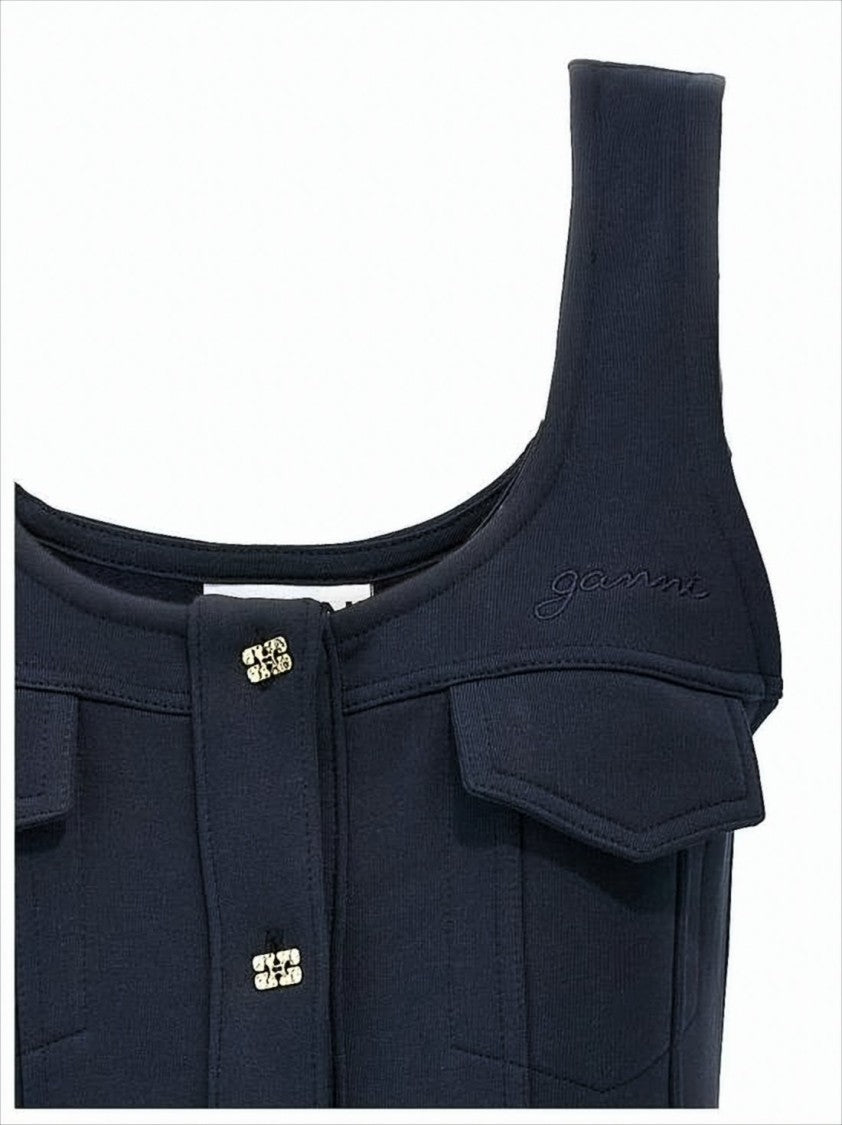 Ganni Structured Black Mini Dress With Flared Hem And Decorative Pockets