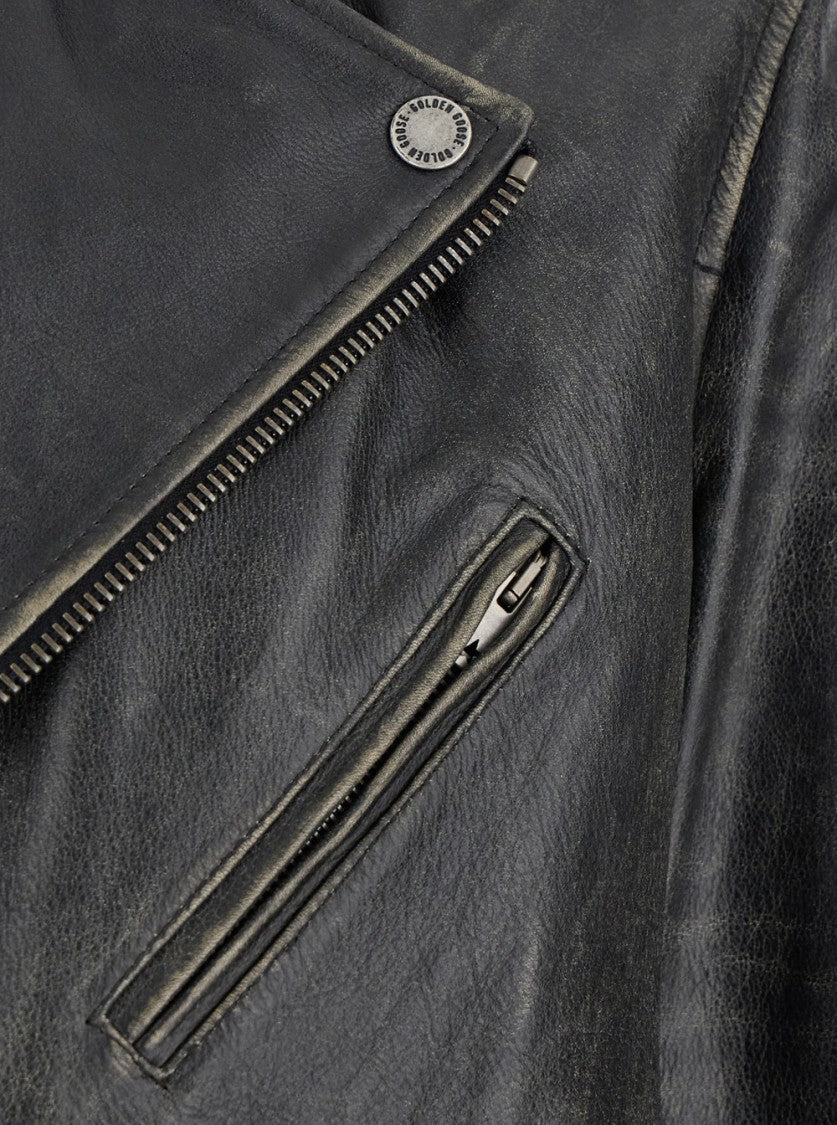 Golden Goose Black Biker Jacket With Notched Revers
