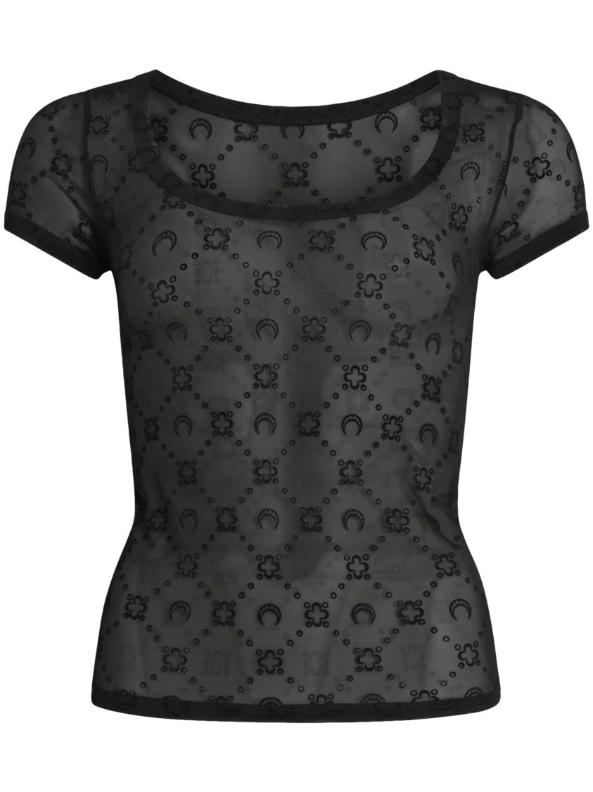 Marine Serre Sheer Black Mesh Flock Short-Sleeve Top