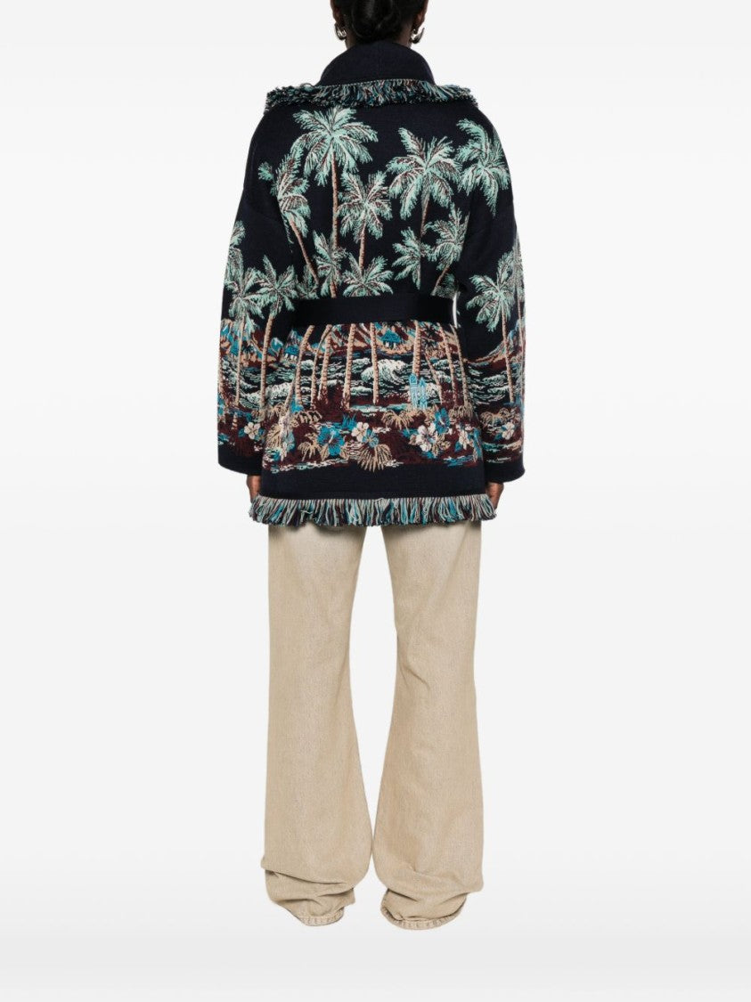 Alanui Tropical Pattern Fringed Shawl Collar Knit Sweater