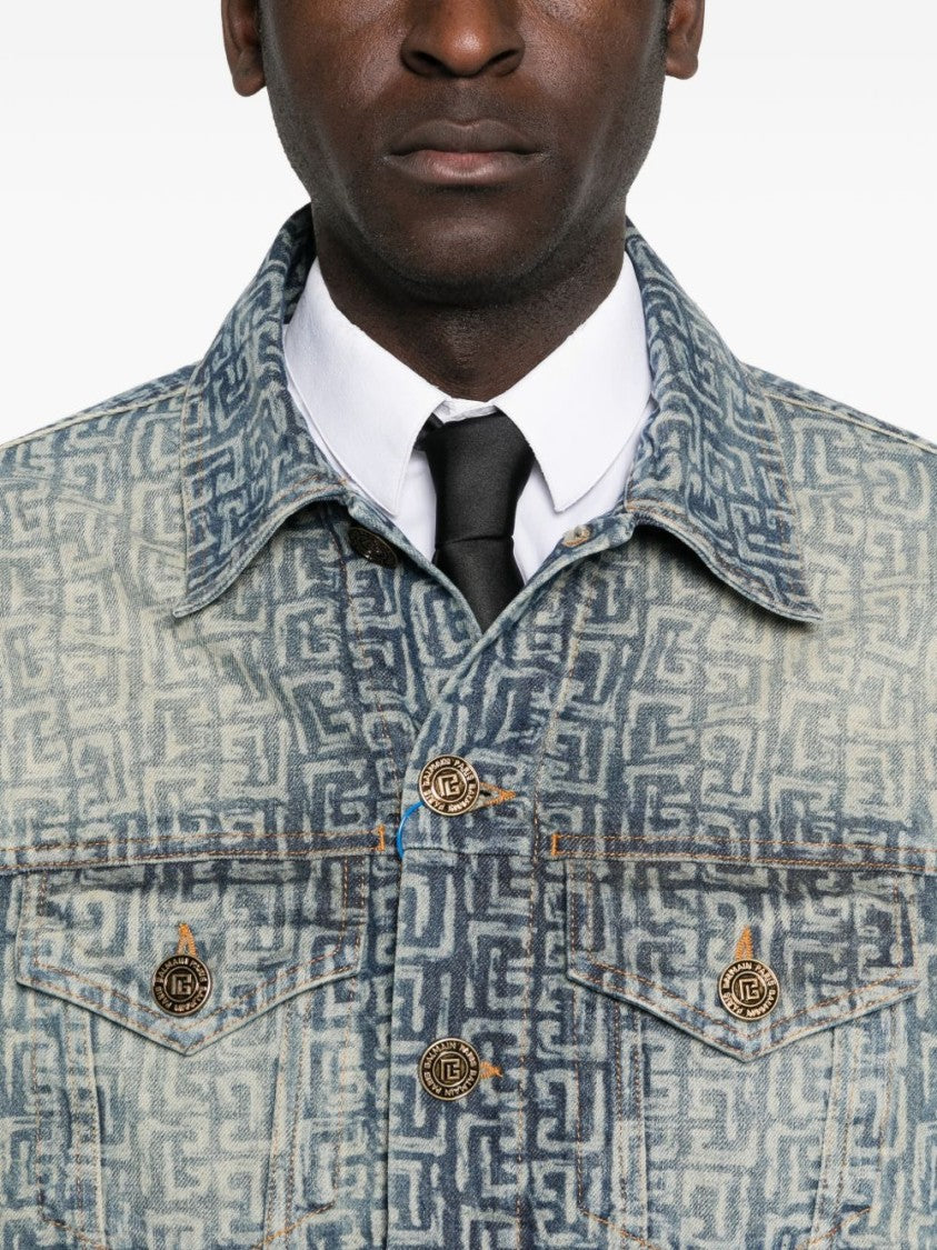 Balmain Faded Blue Monogram Denim Zip Jacket