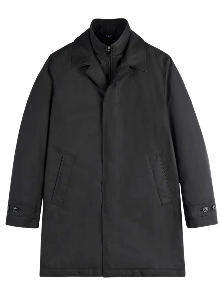 Fay Minimalist Black Morning Coat With Concealed Closure And Quilted Interior
