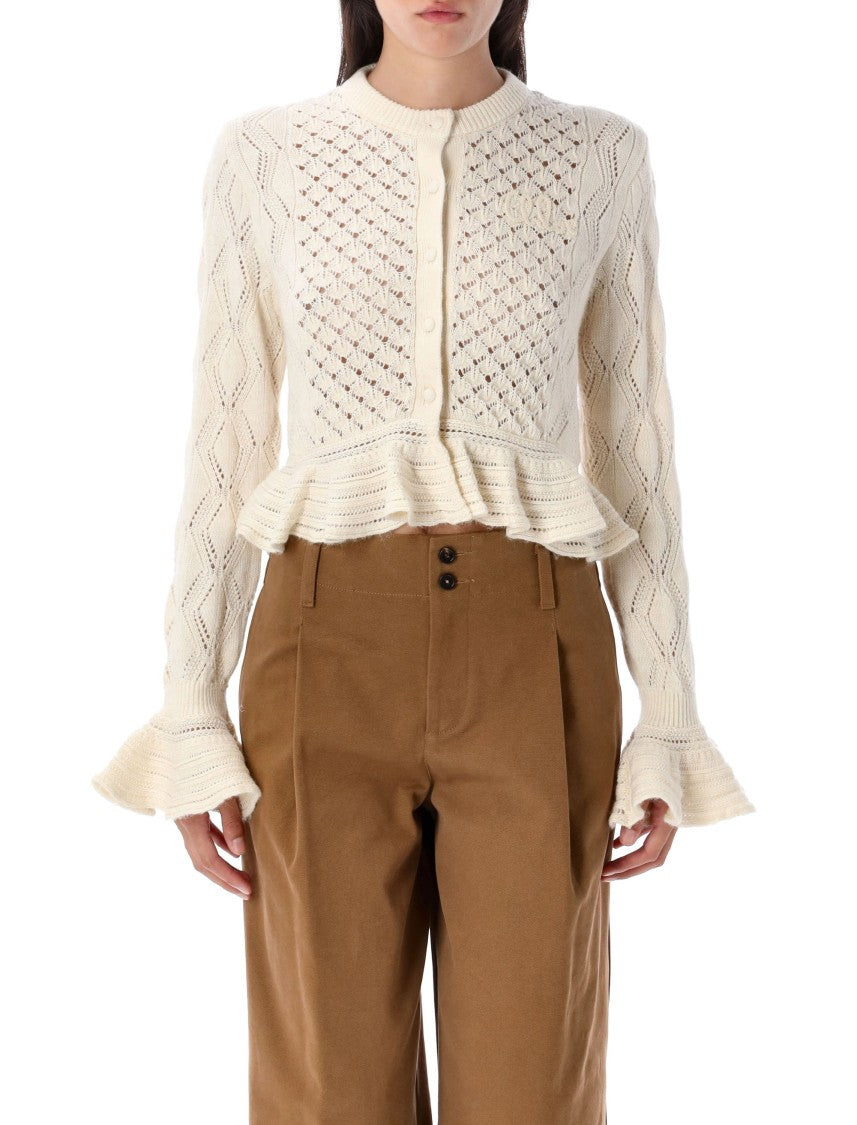 Chloé Pointelle Ruffled Cardigan Knit Sweater