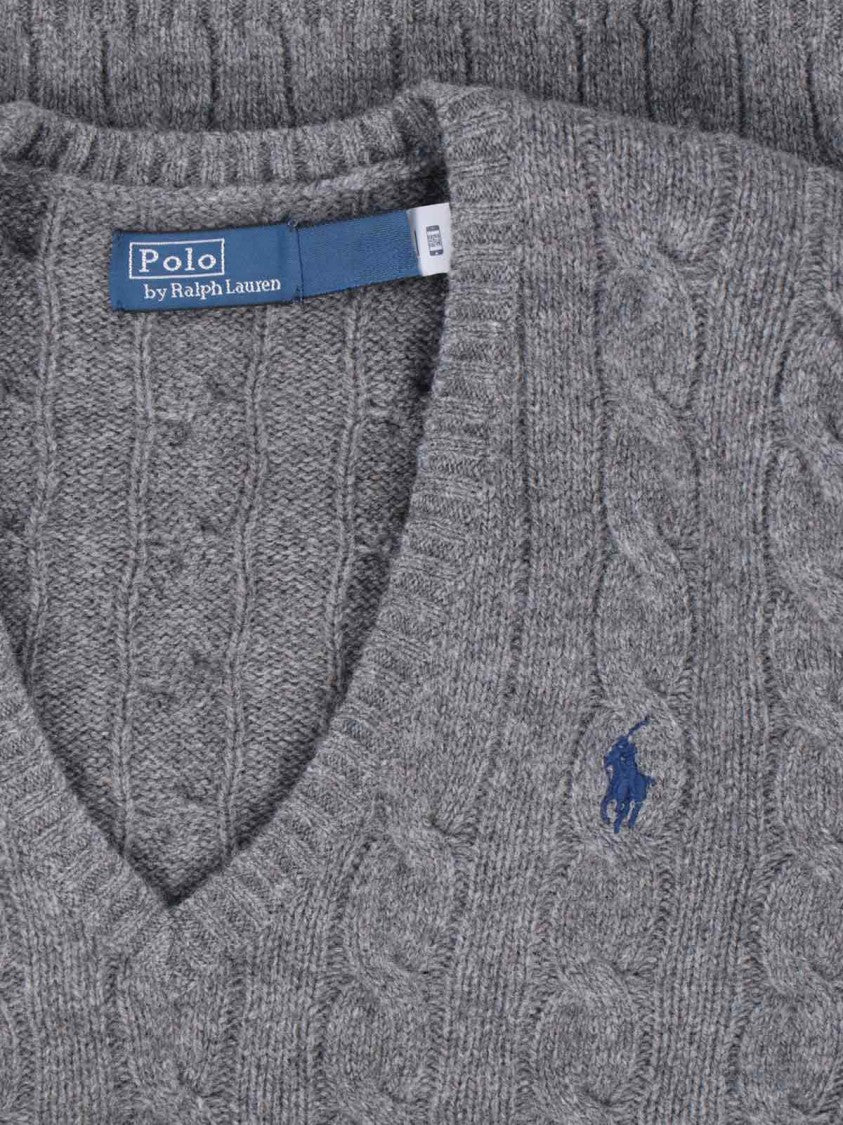 Polo Ralph Lauren Grey Cable-Knit Sweater With V-Neckline