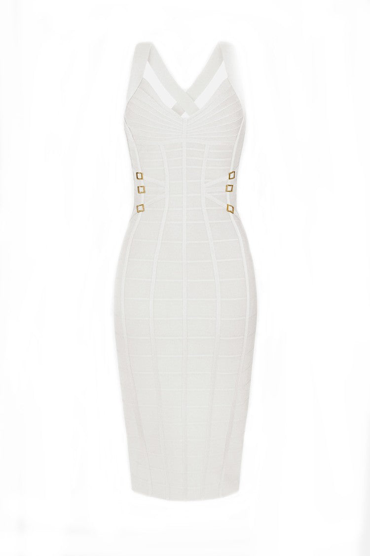 Elisabetta Franchi Ivory Cross-Strap Bandage Side Buckles Viscose-Blend Mini Dress