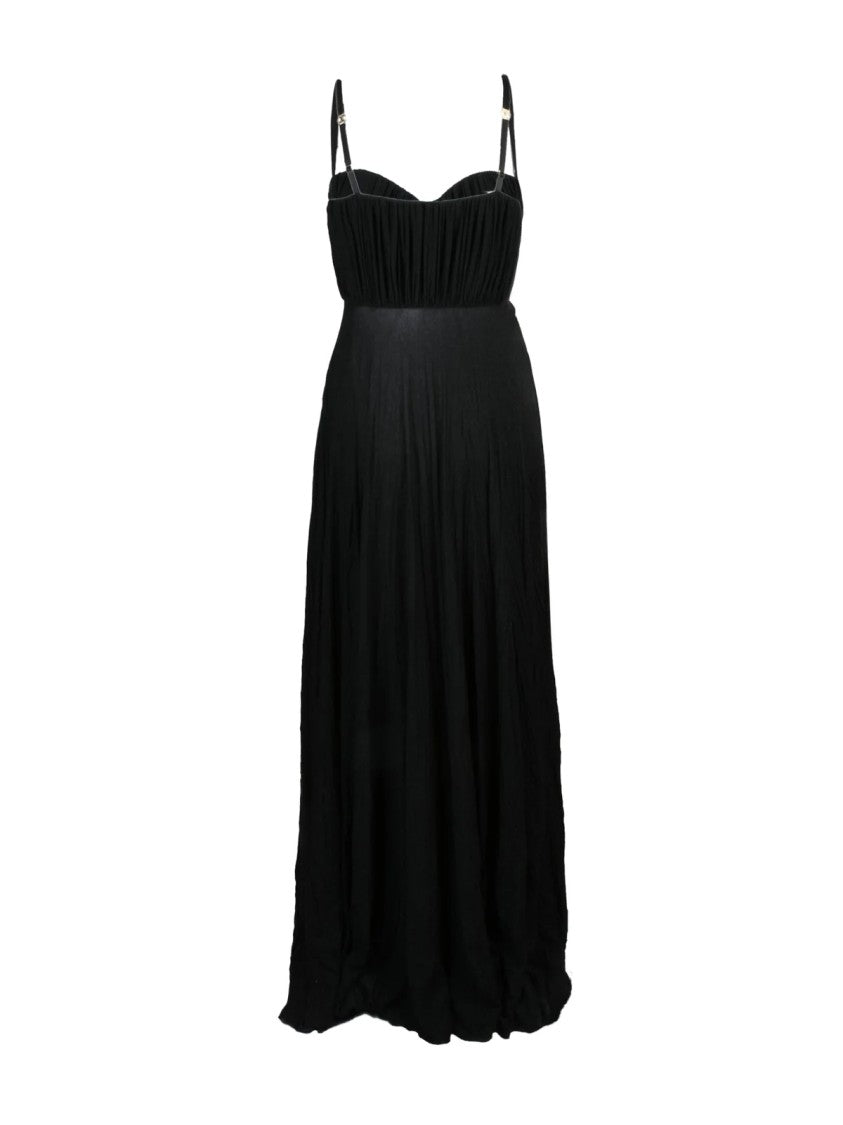 Elisabetta Franchi Black Viscose-Blend Pleated Lamé Long Dress