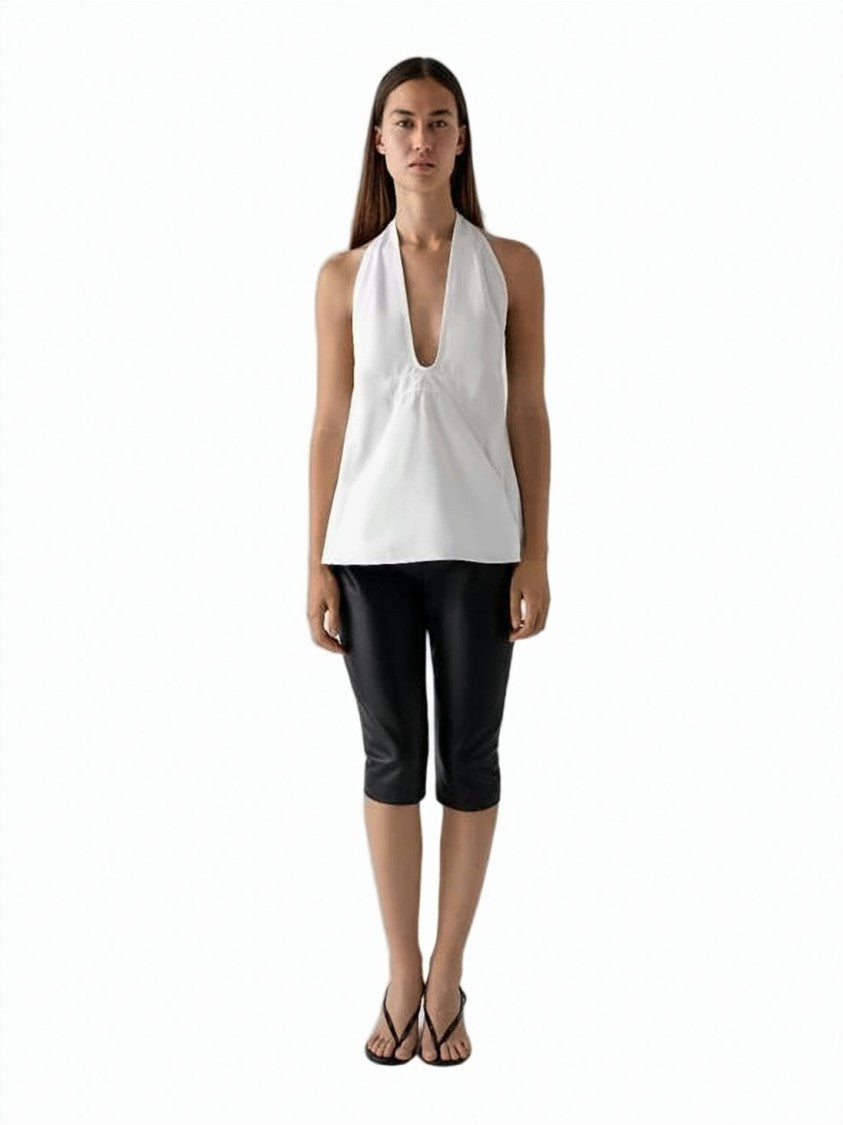 Gimaguas White Sleeveless Deep V-Neck Flared Top