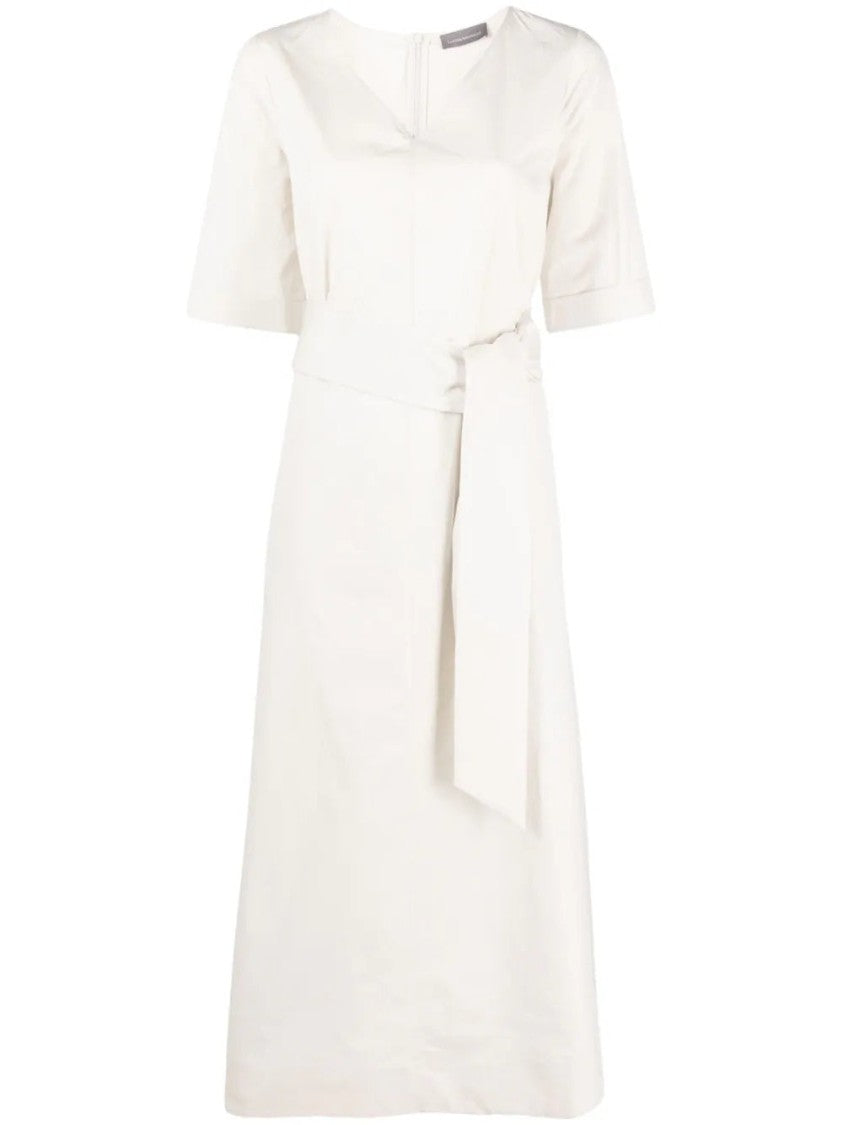 Lorena Antoniazzi Minimalist Midi Dress With Fabric Belt And V-Neckline