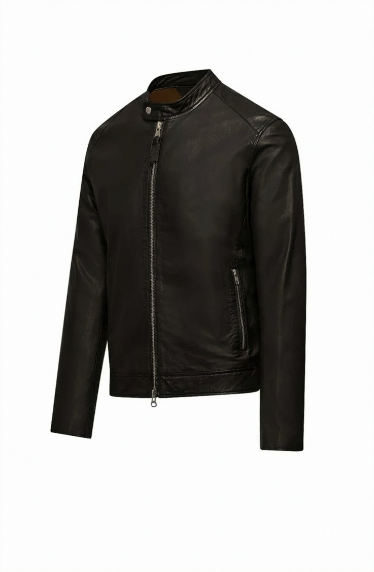 Bomboogie Round Collar Zipper Details Cropped Leather Jacket