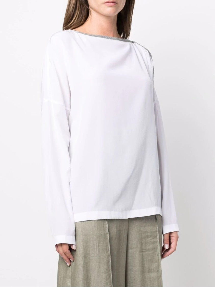 Brunello Cucinelli Long-Sleeve White Knit Top With Unique Shoulder Detail