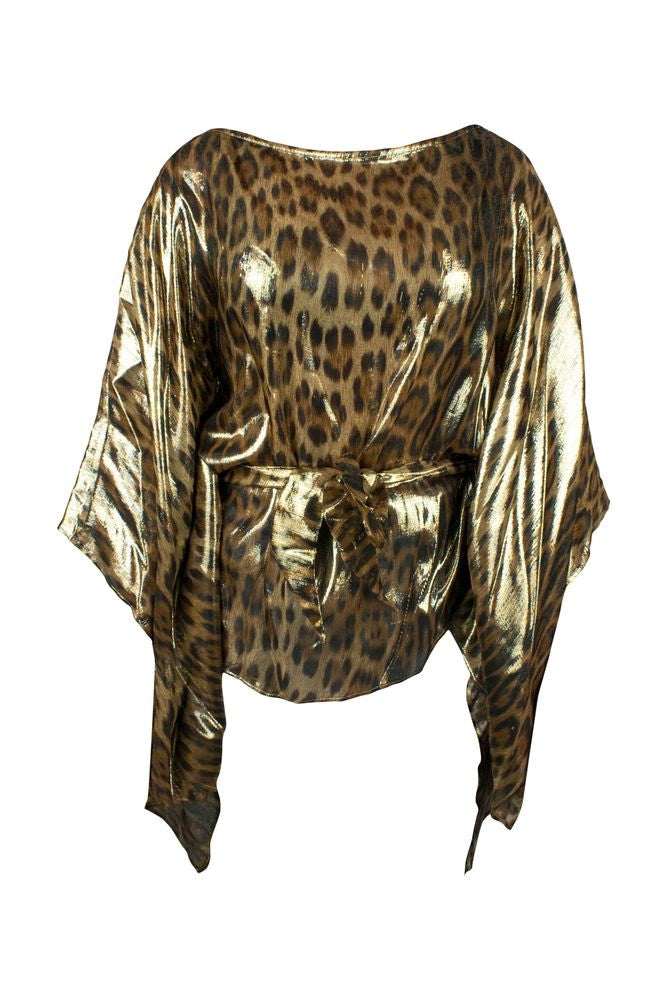 Roberto Cavalli Gold Silk Kaftan With Leopard Print
