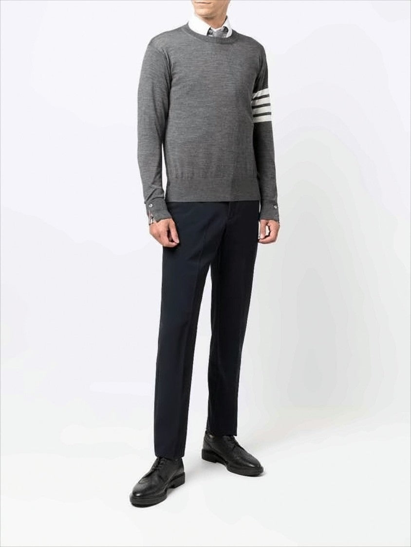 Thom Browne Tailored Grey Crew Neck Sweater With Horizontal Stripes