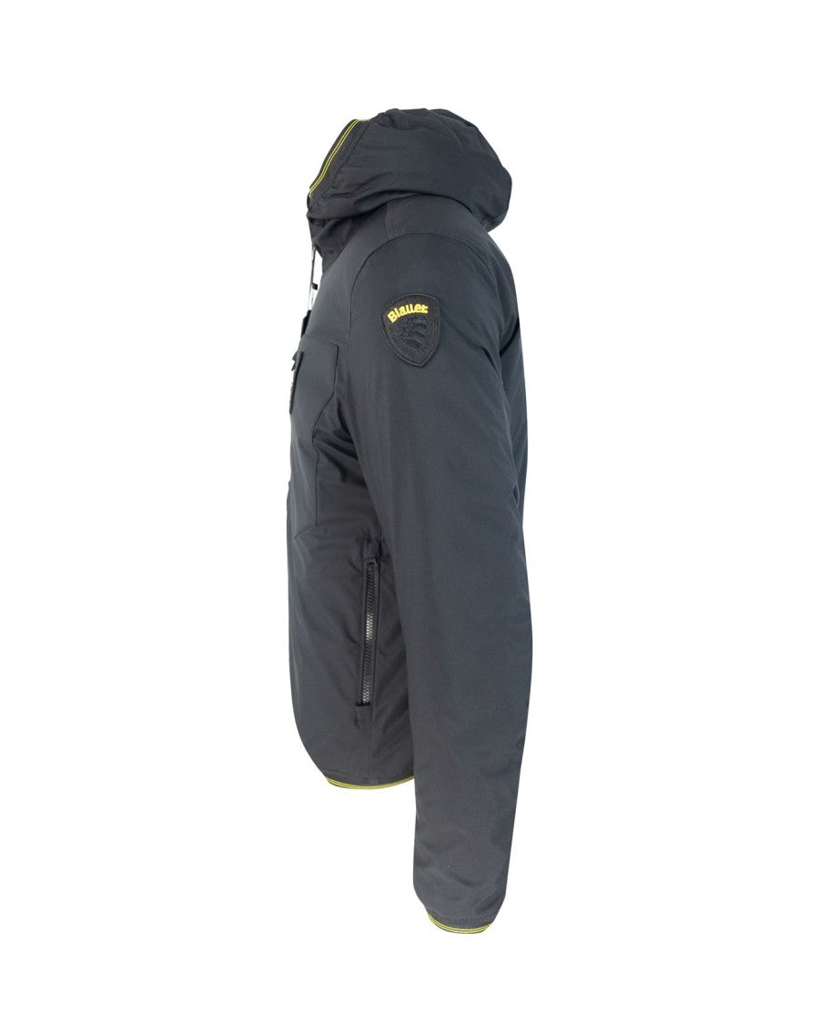 Blauer Monochromatic Light Neoprene Puffer Jacket With Hood And Functional Pockets