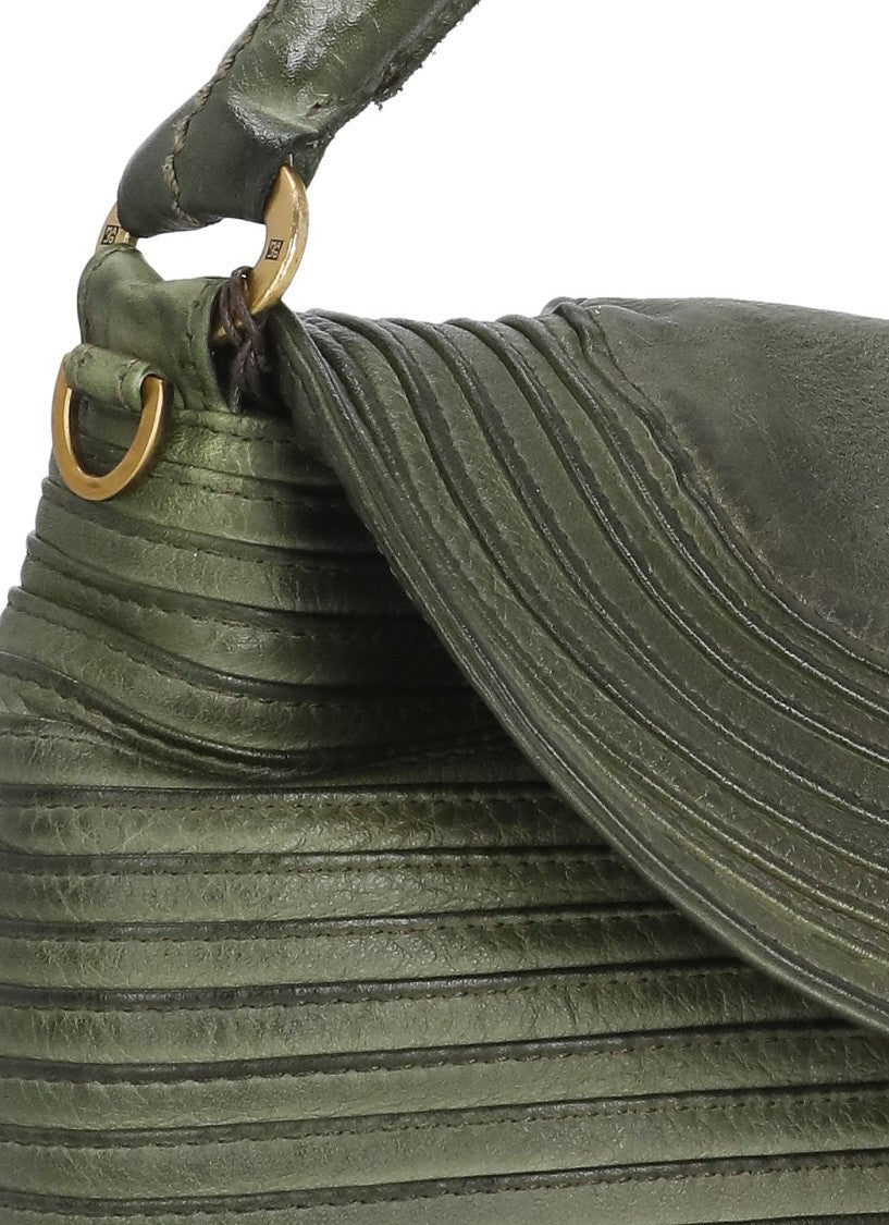 Majo Textured Green Majo Leather Shoulder Bag With Detachable Strap