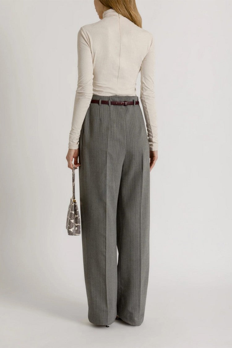 Alberta Ferretti Grey Pinstripe Pleated Viscose-Wool Wide-Leg Pants