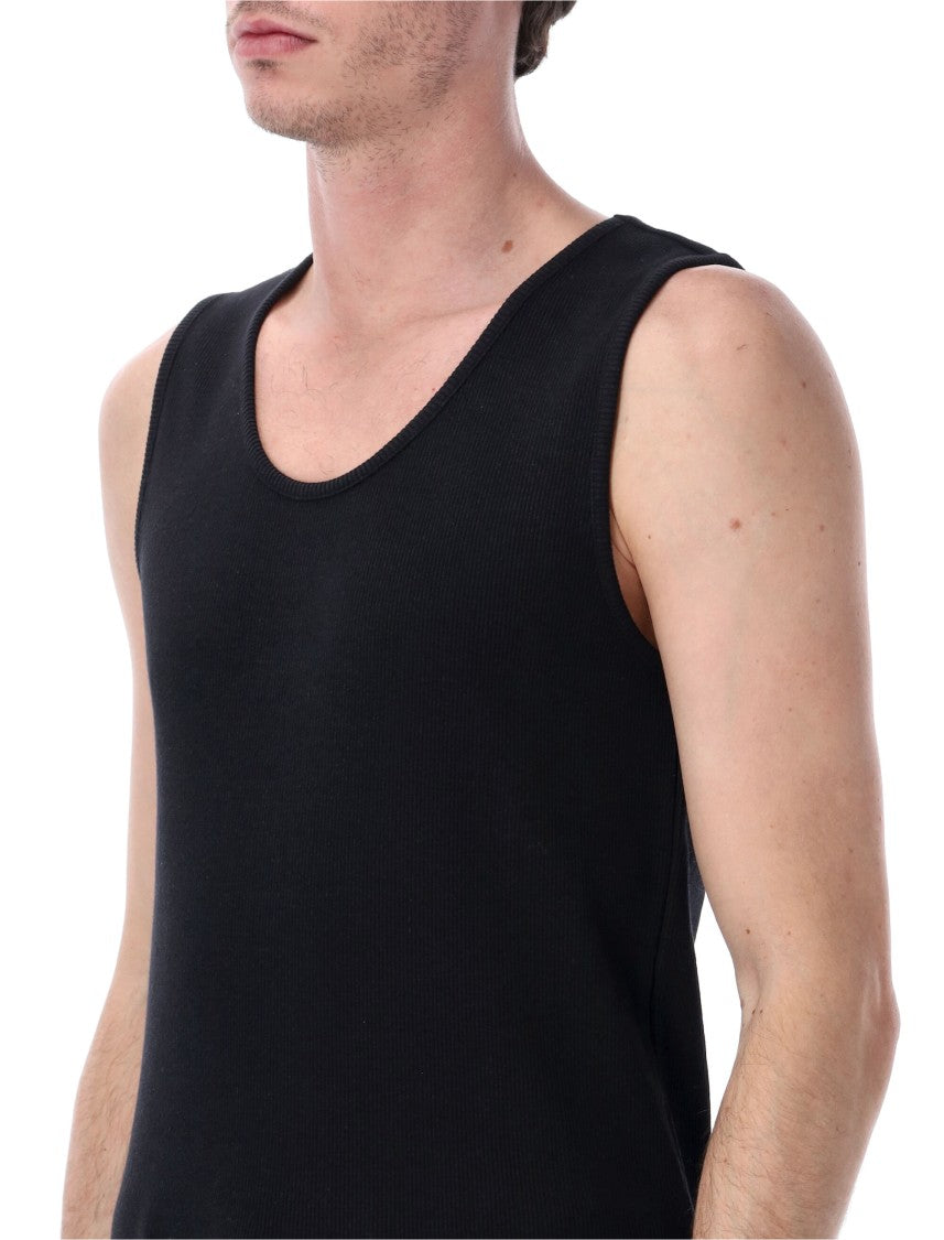 Lemaire Fitted Black Ribbed Tank Top In Cotton-Linen Blend