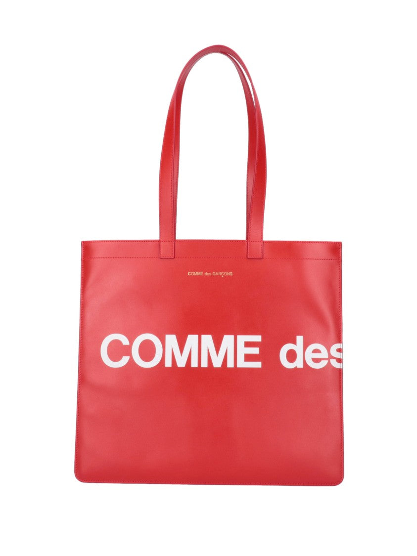 Comme Des Garçons Red Smooth Leather Logo Tote Bag