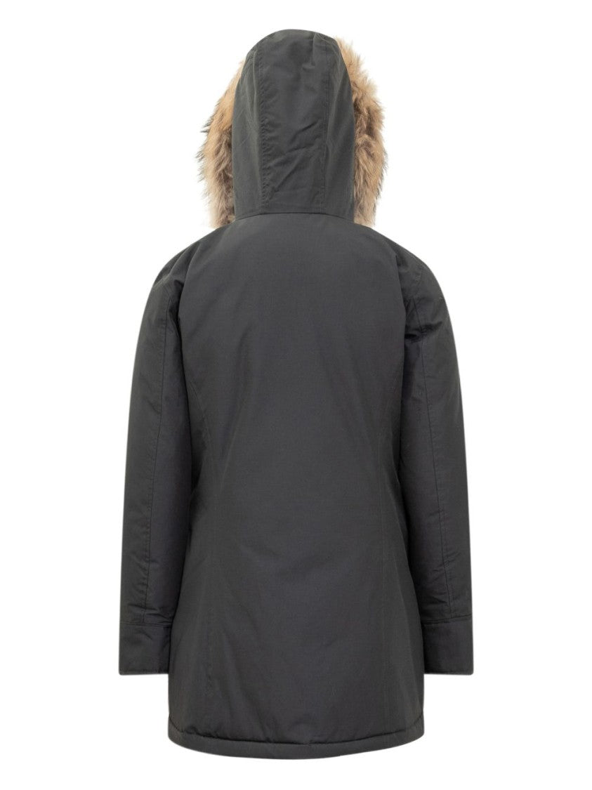 Woolrich Structured Black Parka With Natural Fur Hood
