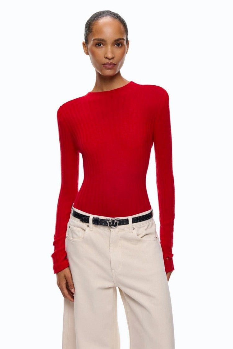 Pinko Red Wool Ribbed Mock-Neck Sweater