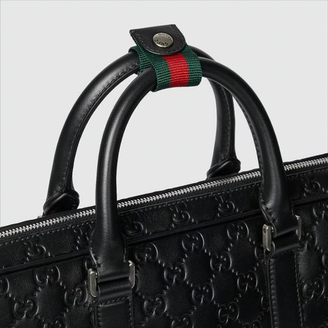 Gucci Embossed Black Leather Tote Bag With Signature Detail