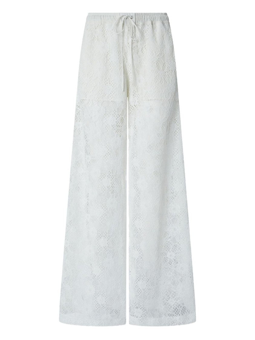Pinko Wide-Leg White Lace Trousers With Floral Design