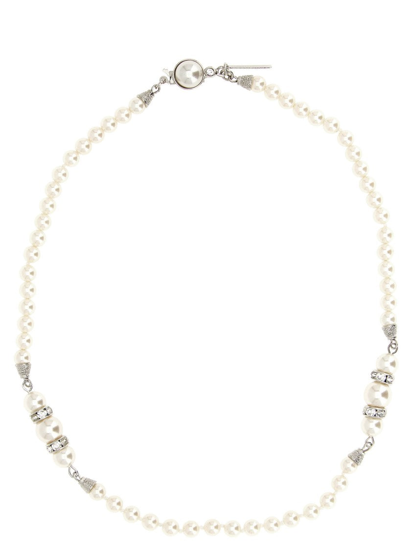 Alessandra Rich Delicate Pearl Necklace With Crystal-Embellished Silver Rings