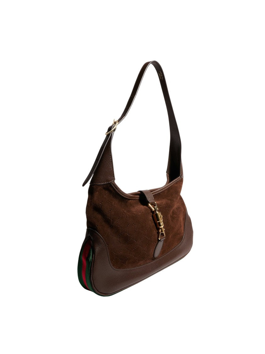 Gucci Perforated Suede Shoulder Bag With Signature Web Stripe