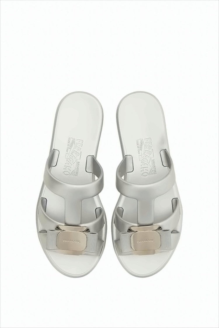Salvatore Ferragamo Silver Slip-On Sandals With Decorative Bow