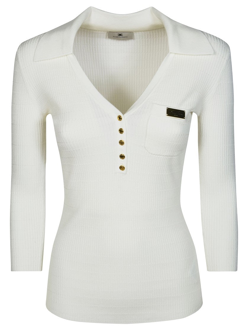 Elisabetta Franchi White Ribbed Deep V Shirt