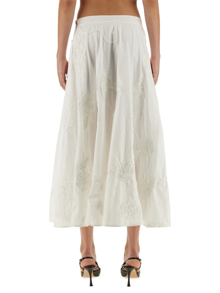Rotate Birger Christensen Floral Embroidered A-Line Midi Skirt In Organic Cotton