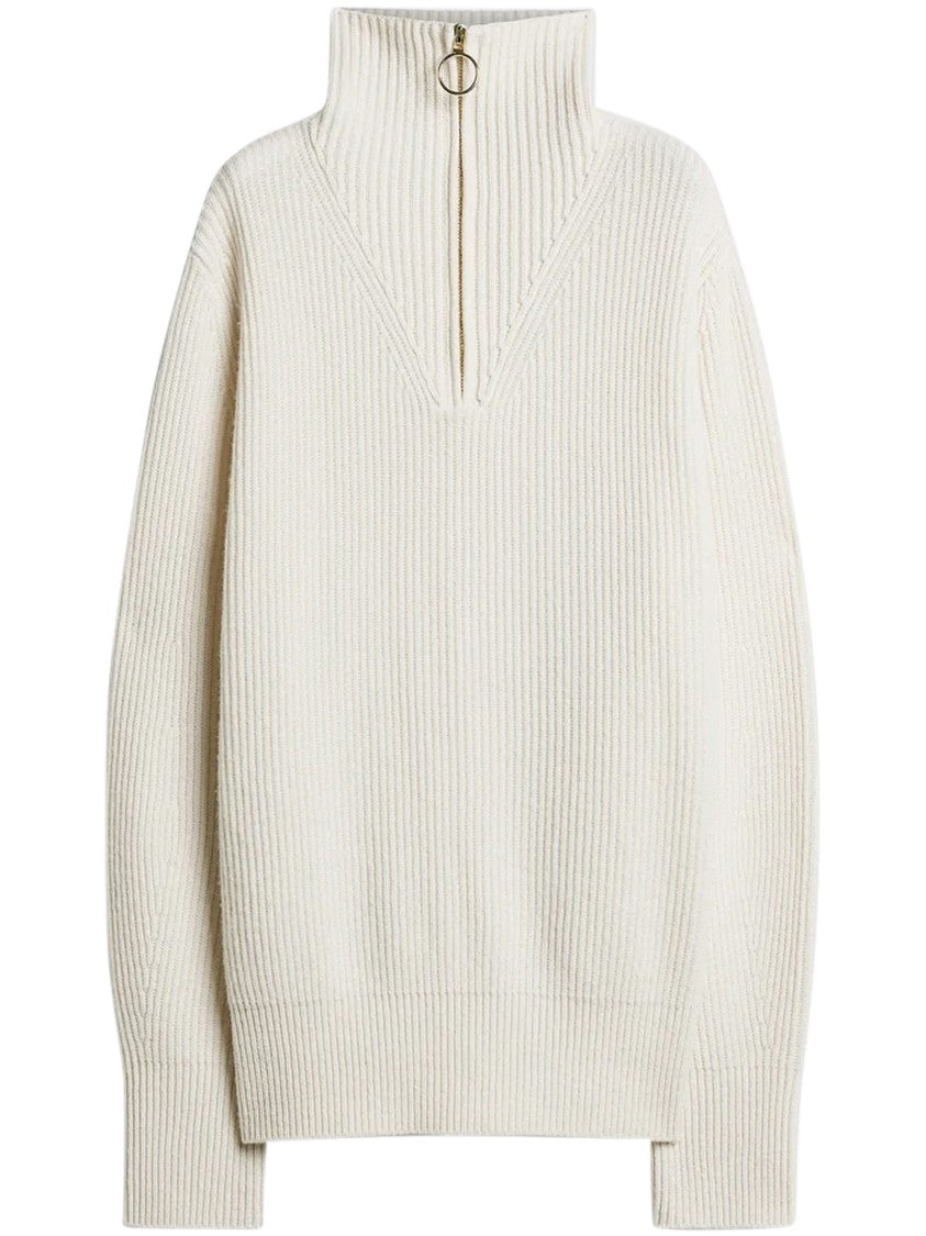 Forte Forte High Collar Ribbed Knit Sweater With Circular Zipper Pull