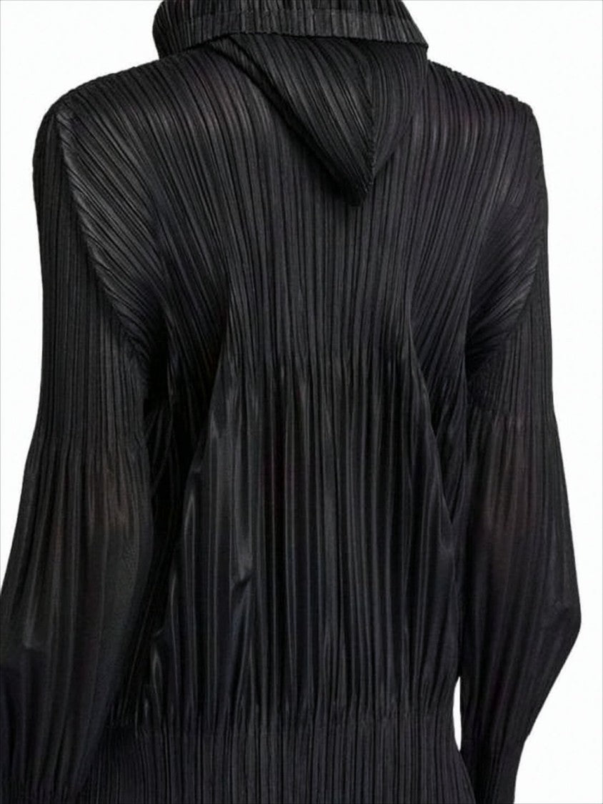 Pleats Please Pleated Texture Black Hooded Zip-Up Top