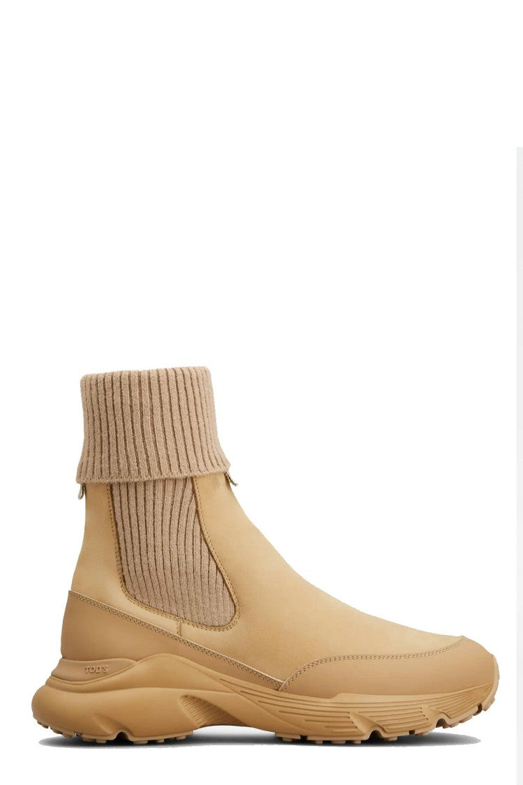 Tod's Beige Ribbed Sock Cuff Rubber-Leather Sneaker Boots