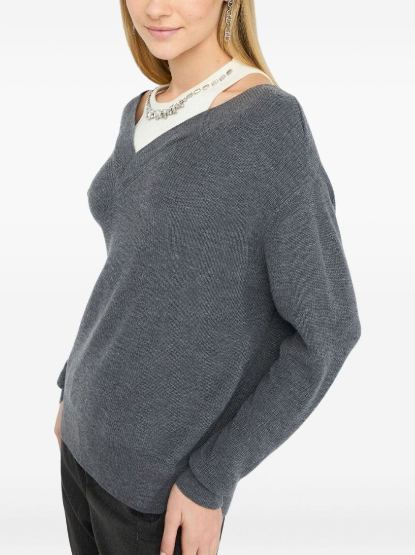 Liu Jo Deep V-Neck Gray Knit Sweater
