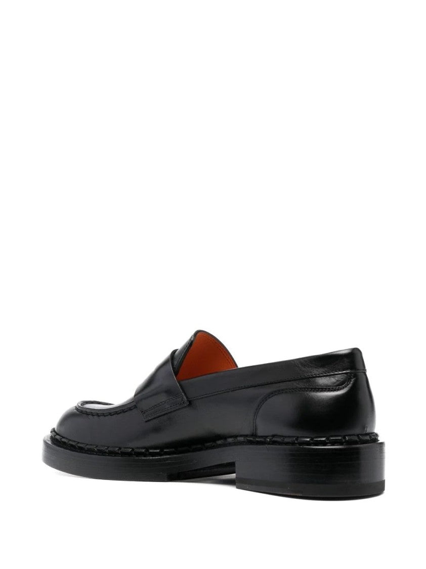 Santoni Sleek Black Leather Loafers With Refined Stitching